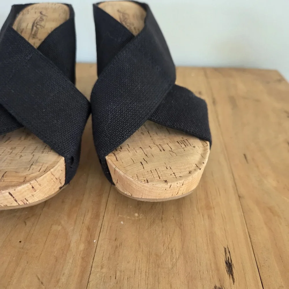 Lucky Brand Valmai Platform Wedge Cork Sandal Black Linen Thick Strap Sz‎ 8.5